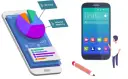 Program do odzyskiwania danych z telefonu pokazuje wykres kołowy pamięci wewnętrznej i karty SD. Obok smartfon z ikonami aplikacji.