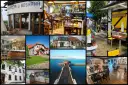 Kolaż zdjęć restauracji i widoków nad Zatoką Pucką.