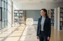 Kobieta w garniturze na tle biblioteki, wizualizacja ścieżki kariery: jak zostać psychologiem, od studiów po specjalizacje.