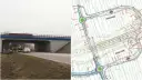 Most drogowy i plan węzła autostradowego.