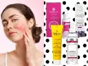 Kobieta z cerą naczynkową dotyka policzka. Obok kosmetyki: krem, serum, peeling i żel. Jaki olej do cery naczynkowej wybrać?