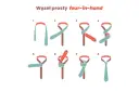 Ilustracja pokazuje 8 kroków do wykonania prostego węzła four-in-hand na krawacie.