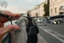 Okulary trzymane przed zamazanym miejskim tłem z samochodami.
