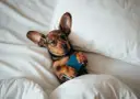Un cachorro salchicha de 2 meses, acurrucado en la cama con un libro azul, parece preguntarse cuánto duerme un cachorro de 2 meses.