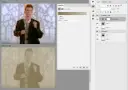 Rick Astley w kadrze, z efektem złoty kolor photoshop. Widoczny panel warstw i właściwości.