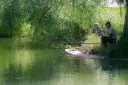 Dwaj wędkarze siedzą nad zieloną wodą, czekając na branie. Jeden z nich, starszy mężczyzna, skupiony na swoim sprzęcie, gotowy do **casting spinning**.