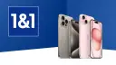 1&1 Logo neben iPhones in Silber und Rosa auf blauem Hintergrund.