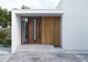 Nowoczesne drzwi wejściowe z drewnianym panelem i przeszkleniem. Eleganckie drzwi wikęd realizacje, które podkreślają styl domu.
