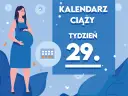 Kobieta w niebieskiej sukience, w 29 tygodniu ciąży, trzyma dłoń na brzuchu. Obok kalendarz i napisy "KALENDARZ CIĄŻY TYDZIEŃ 29".