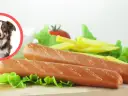 Pies w okręgu obok parówek i frytek.