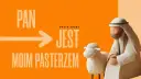 PAN JEST MOIM PASTERZEM" - tekst z grafiką pasterza i owcy. David Théry.