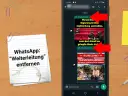 WhatsApp-Nachrichten mit roten Pfeilen, die auf "Weitergeleitet" zeigen.