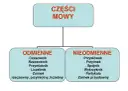 Schemat klasyfikacji części mowy dla klasy 4: odmienne (czasownik, rzeczownik, przymiotnik, liczebnik, zaimek) i nieodmienne (przysłówek, przyimek, spójnik, wykrzyknik, partykuła, zaimek przysłowny).
