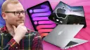 Mann mit Brille denkt über iPad, faltbares iPhone und MacBook nach.
