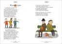 Ilustracja do wiersza "Wysssane z palca". Dzieci śmieją się z pana, który ssie palec. Na drugiej stronie pan Wincenty i pan Brzechwa siedzą na ławce z kotem.