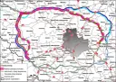 Mapa dróg wokół Warszawy, z zaznaczonymi autostradami, drogami ekspresowymi i innymi drogami krajowymi. Najkorzystniejszy korytarz dk50 oznaczony różowym kolorem.