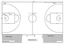 Schemat boiska do piłki ręcznej: wymiary 28x15m, pola bramkowe 6,75m, okręgi 3,6m. Strefy dla ławki i stolik sędziowski.