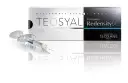 Strzykawka z preparatem Teosyal Redensity II, gotowa do użycia, obok eleganckiego opakowania.