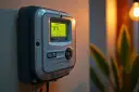 Cyfrowy licznik energii elektrycznej z wyświetlaczem pokazującym stan przedpłaty. Gotowy do doładowania licznika przedpłatowego.