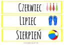 Rymowanki o miesiącach: Czerwiec (krawaty), Lipiec (klapki), Sierpień (piłka).