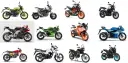 Kolekcja motocykli, w tym modele marki japońskich motocykli: Yamaha, Suzuki, Kawasaki. Różne style, od sportowych po terenowe.