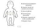 Tabela rozmiarów dla dziecka, rozmiar 68 jaki wiek. Wskazuje obwody: pod paszkami (A), główki (C), pasa (D), długość ręczki (B), nogawki (E) i stopy (F).