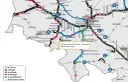 Mapa drogowa Dolnego Śląska z zaznaczoną autostradą A3, drogami krajowymi i ich statusem.