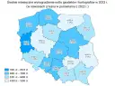 Mapa Polski z zarobkami geodetów w 2023. Najwięcej zarabia się w woj. mazowieckim (8523 zł), najmniej w woj. opolskim (4439 zł).