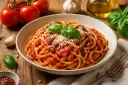 Talerz spaghetti z sosem pomidorowym, posypany parmezanem i udekorowany bazylią.