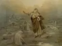 Biblijny prorok wznosi rękę nad polem śmierci, gdzie leżą nagie ciała i szkielety.