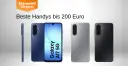Vier Samsung Smartphones in Blau, Silber und Schwarz, davon eines mit Display.