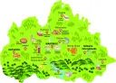 Ilustrowana mapa Wadowic i okolic z zaznaczonymi lokalnymi przysmakami i nazwami miejscowości.