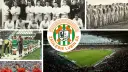 Kolaż zdjęć z historią MKS Zagłębie Lubin: drużyny w różnych latach, herb klubu i stadion pełen kibiców.