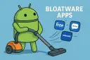 Android-Roboter saugt Bloatware-Apps wie "Free", "Samsung" und eine Chat-Blase ab.