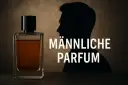 Eine Glasflasche mit braunem Parfum und der Schatten eines Mannes.