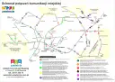 Schemat połączeń komunikacji miejskiej ZKM Zawiercie z zaznaczonymi liniami autobusowymi i przystankami.