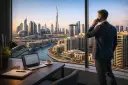 Biznesmen rozmawia przez telefon, patrząc na panoramę Dubaju. Na biurku laptop, kawa i notatnik. To symbol nowoczesnej pracy w Dubaju.