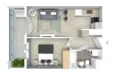 Nowoczesny projekt mieszkania: salon z sofą, kuchnia z wyspą, sypialnia z łóżkiem, łazienka z wanną i pralką, balkon z roślinami.