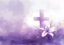 Fioletowy krzyż i lilia na tle akwarelowych chmur. Jak w psalm 147, chwała Bogu za piękno stworzenia.