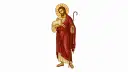 Jezus dobry pasterz, trzymający na rękach jagnię i laskę pasterską. Wokół głowy ma złoty nimb.