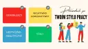 Ilustracja przedstawia cztery kolorowe prostokąty z nazwami typów osobowości i grupę ludzi z kciukami w górę.