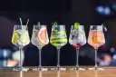 Pięć drinków z wódką i ginem, ozdobionych owocami i ziołami, na eleganckim tle.
