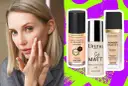 Kobieta aplikuje podkład maskujący niedoskonałości. Obok trzy butelki kosmetyków: Max Factor, Lirene i Eveline.