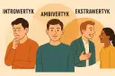 Ambiwertyk to osoba, która czerpie energię zarówno z samotności, jak i z interakcji. Na ilustracji widać go między introwertykiem a ekstrawertykiem.