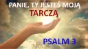 Otwarta dłoń w stronę nieba, gdzie słońce przebija się przez chmury. Napis: "PANIE, TY JESTEŚ MOJĄ TARczą" i "PSALM 3". To fragment pieśni Dawida.