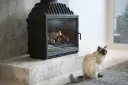 Puszysty kot siedzi obok nowoczesnego kominka, który zapewnia doprowadzenie powietrza do paleniska.