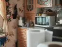Kuchnia z kwiatową tapetą. Czy mikrofala może stać na lodówce? Tutaj stoi na blacie, obok czajnika i słoików.