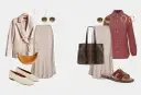 Dwie propozycje stylizacji z beżową spódnicą: elegancka z marynarką i torebką-bagietką, oraz casualowa z koszulą, shopperką i sandałami.