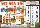 Plakat z numerami alarmowymi do druku: 997, 998, 999, 112. Grafiki przedstawiają policjanta, strażaka, ratownika medycznego i centrum powiadamiania ratunkowego.