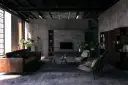 Nowoczesny salon z betonowymi ścianami, meblami w stylu hi-tech i roślinami. Styl hi-tech we florystyce podkreśla industrialny charakter wnętrza.